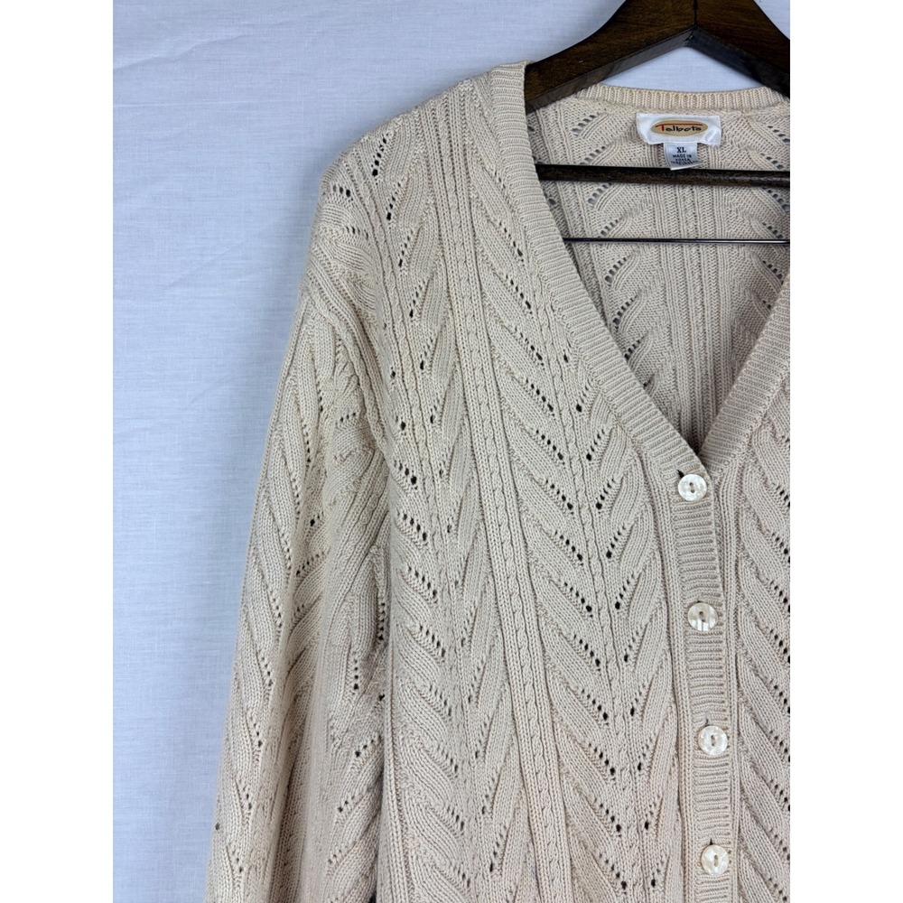 Talbots Womens XL Cream Beige Pointelle Cable Knit Button Front Cardigan Sweater - Picture 3 of 13
